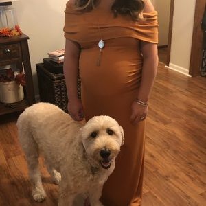 Motherhood, mustard yellow maternity dress.